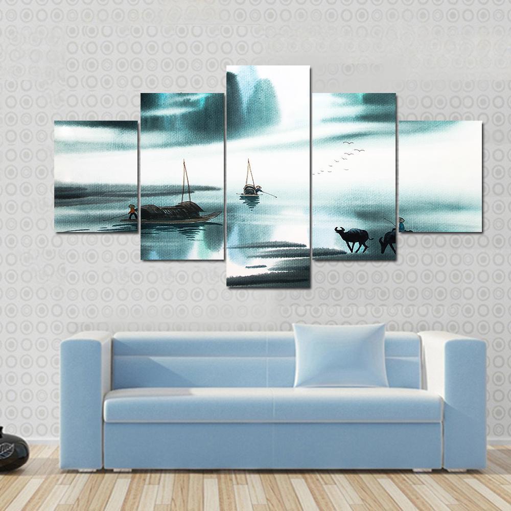 Watercolor Sketch Of Ships In Lake Canvas Wall Art-5 Star-Gallery Wrap-62" x 32"-Tiaracle
