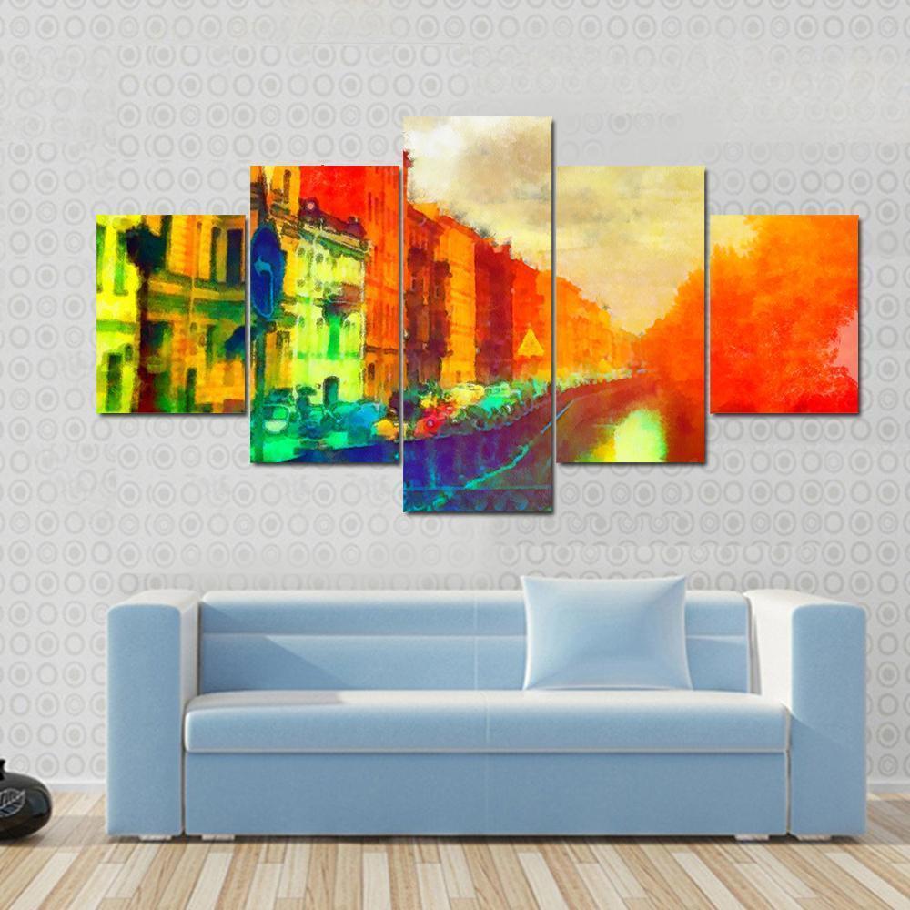 Watercolor Street Canvas Wall Art-5 Star-Gallery Wrap-62" x 32"-Tiaracle