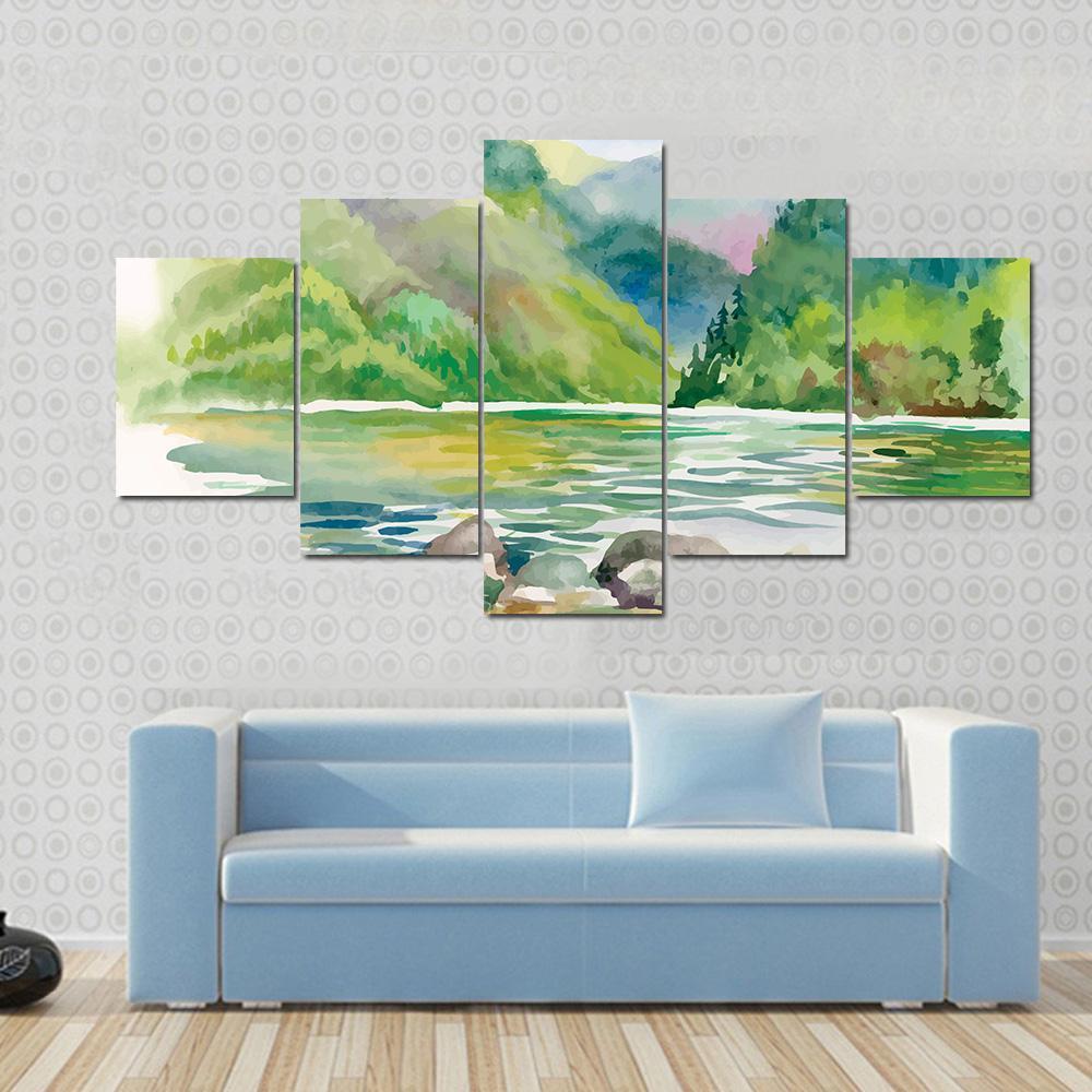 Watercolor Summer River Landscape Vector Canvas Wall Art-5 Star-Gallery Wrap-62" x 32"-Tiaracle