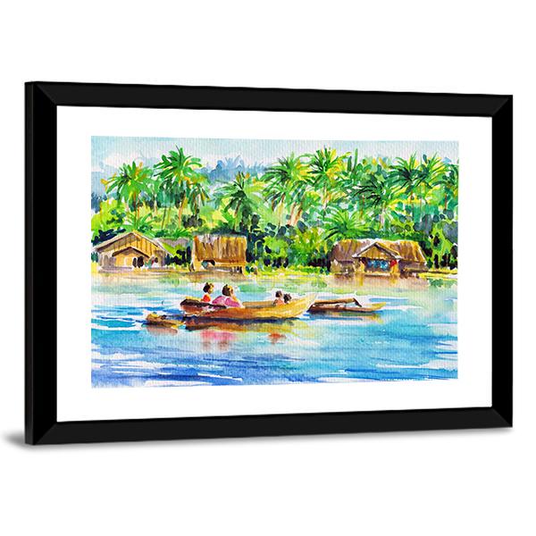 Watercolors Art Of Village And River Panoramic Canvas Wall Art-1 Piece-36" x 12"-Tiaracle