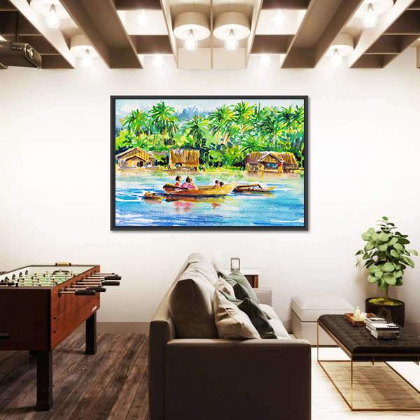 Watercolors Art Of Village And River Panoramic Canvas Wall Art-1 Piece-36" x 12"-Tiaracle