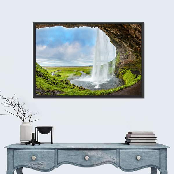 Waterfall Above The Cave Canvas Wall Art-1 Piece-Floating Frame-24" x 16"-Tiaracle
