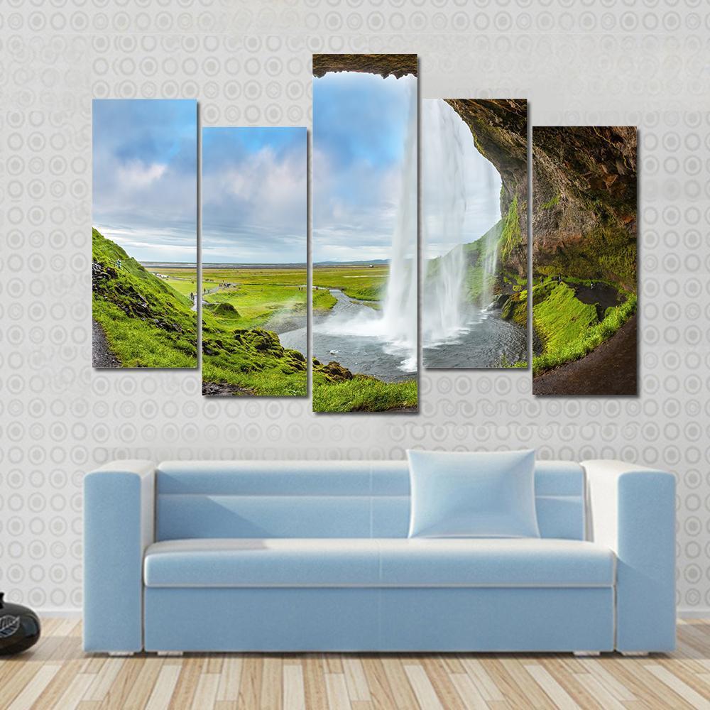 Waterfall Above The Cave Canvas Wall Art-5 Pop-Gallery Wrap-47" x 32"-Tiaracle