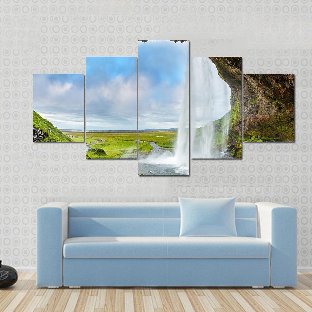 Waterfall Above The Cave Canvas Wall Art-5 Star-Gallery Wrap-62" x 32"-Tiaracle