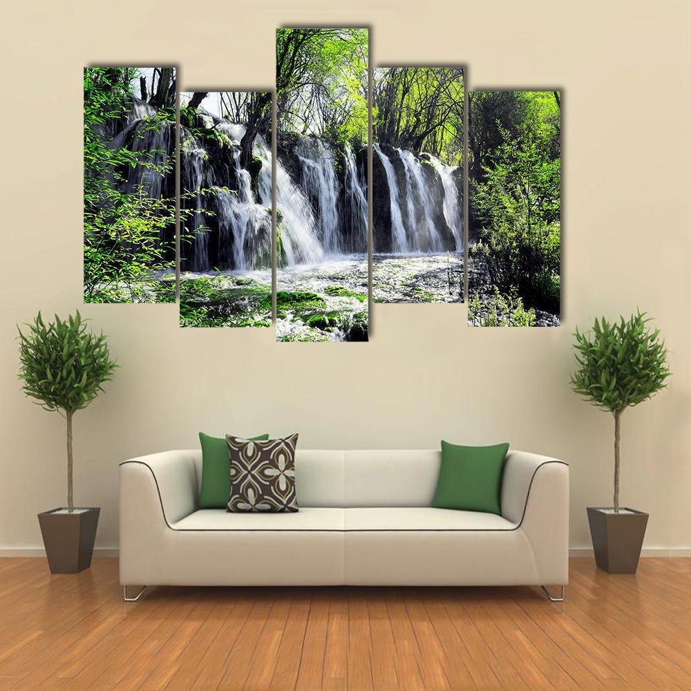 Waterfall Among Green Woods Canvas Wall Art-5 Pop-Gallery Wrap-47" x 32"-Tiaracle