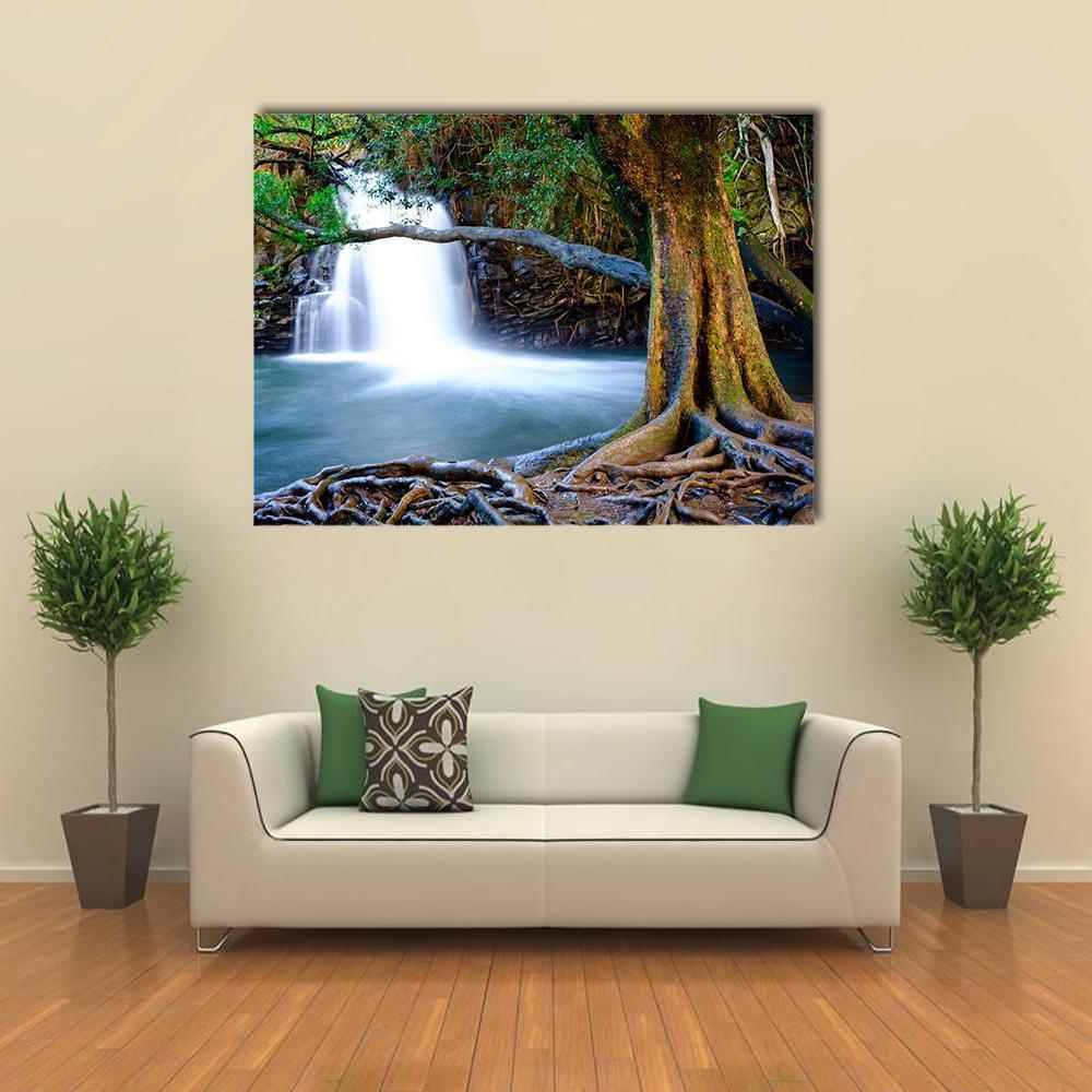 Waterfall And Old Tree Canvas Wall Art-1 Piece-Gallery Wrap-36" x 24"-Tiaracle