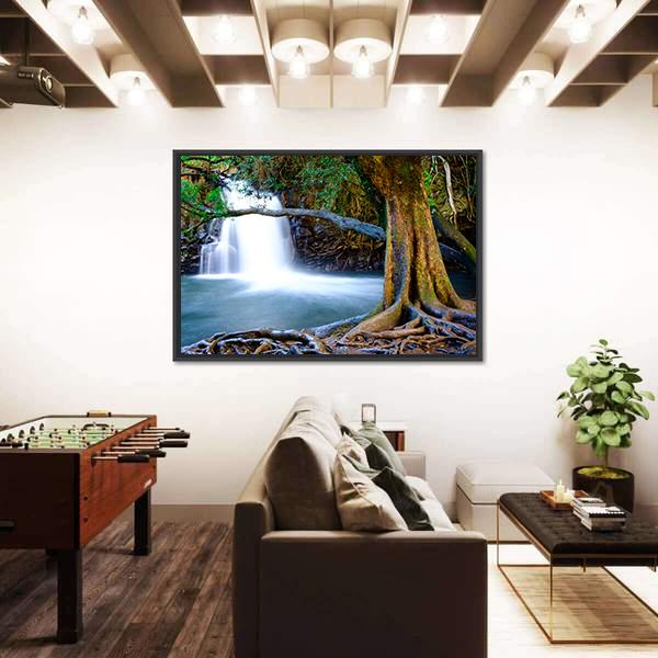 Waterfall And Old Tree Canvas Wall Art-3 Horizontal-Gallery Wrap-25" x 16"-Tiaracle