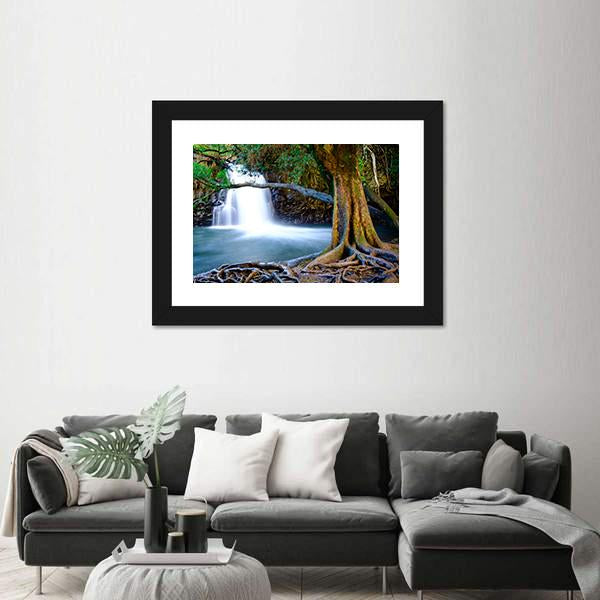 Waterfall And Old Tree Canvas Wall Art-3 Horizontal-Gallery Wrap-25" x 16"-Tiaracle