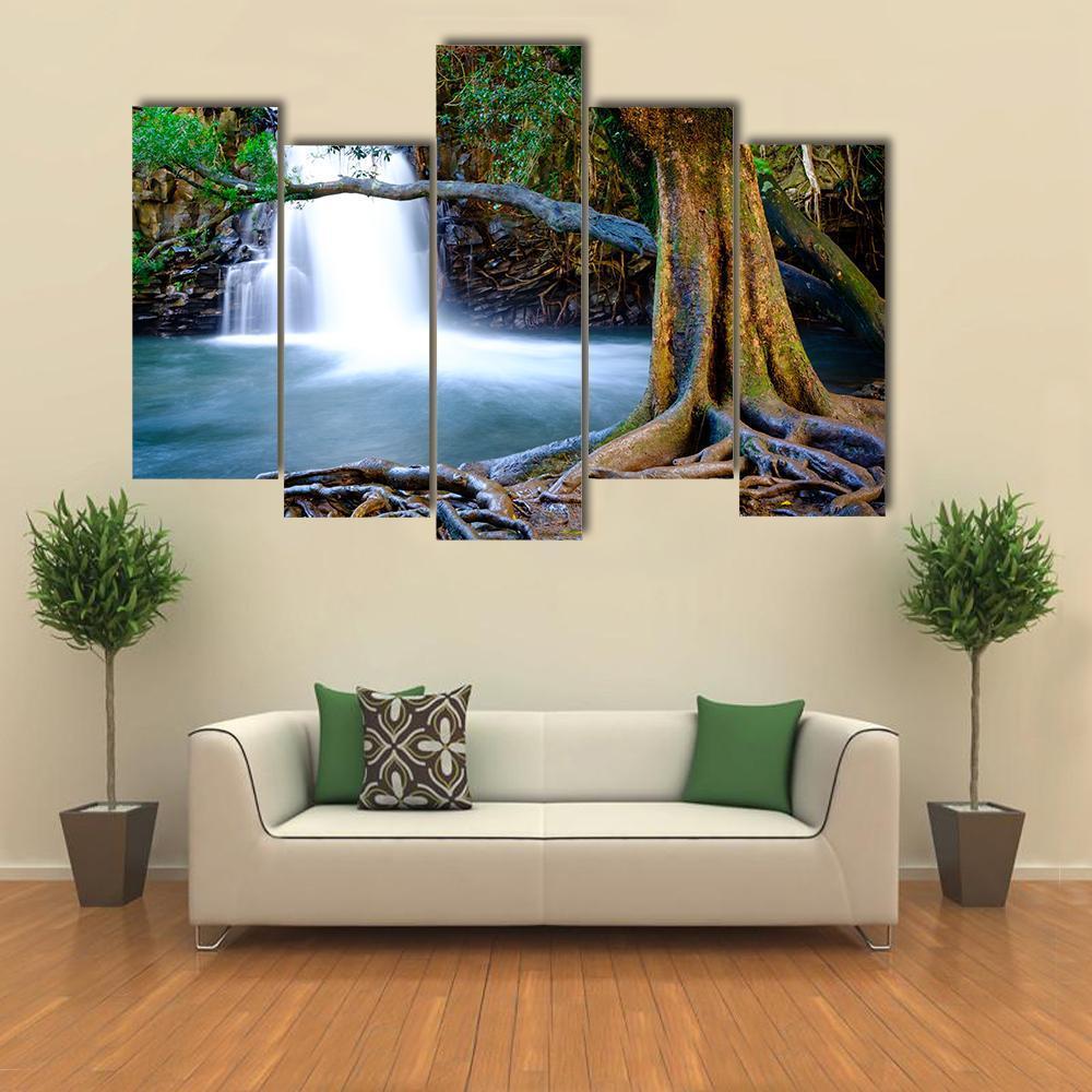 Waterfall And Old Tree Canvas Wall Art-5 Pop-Gallery Wrap-47" x 32"-Tiaracle
