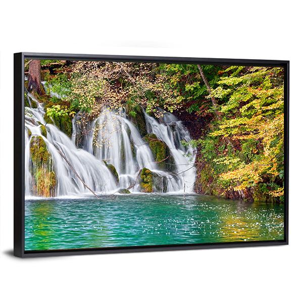Waterfall And Small Lake In Forest Canvas Wall Art-3 Horizontal-Gallery Wrap-25" x 16"-Tiaracle