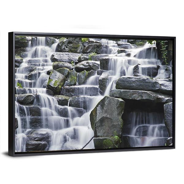 Waterfall Cascades Flowing Over Flat Rocks Canvas Wall Art-3 Horizontal-Gallery Wrap-25" x 16"-Tiaracle