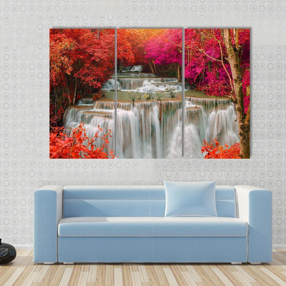 Waterfall Coming From Pink And Red Trees Jungle Canvas Wall Art-3 Horizontal-Gallery Wrap-37" x 24"-Tiaracle