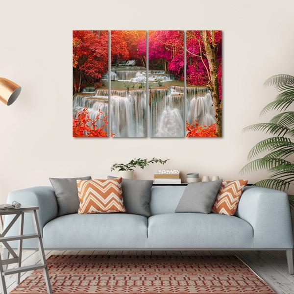Waterfall Coming From Pink And Red Trees Jungle Canvas Wall Art-4 Horizontal-Gallery Wrap-34" x 24"-Tiaracle