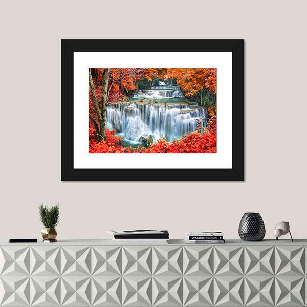 Waterfall In Autumn Forest Canvas Wall Art-1 Piece-Framed Print-20" x 16"-Tiaracle