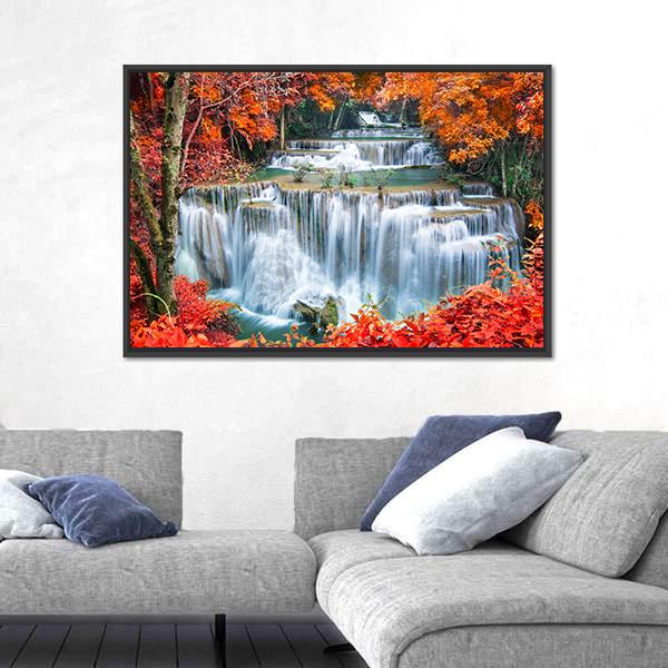 Waterfall In Autumn Forest Canvas Wall Art-3 Horizontal-Gallery Wrap-25" x 16"-Tiaracle