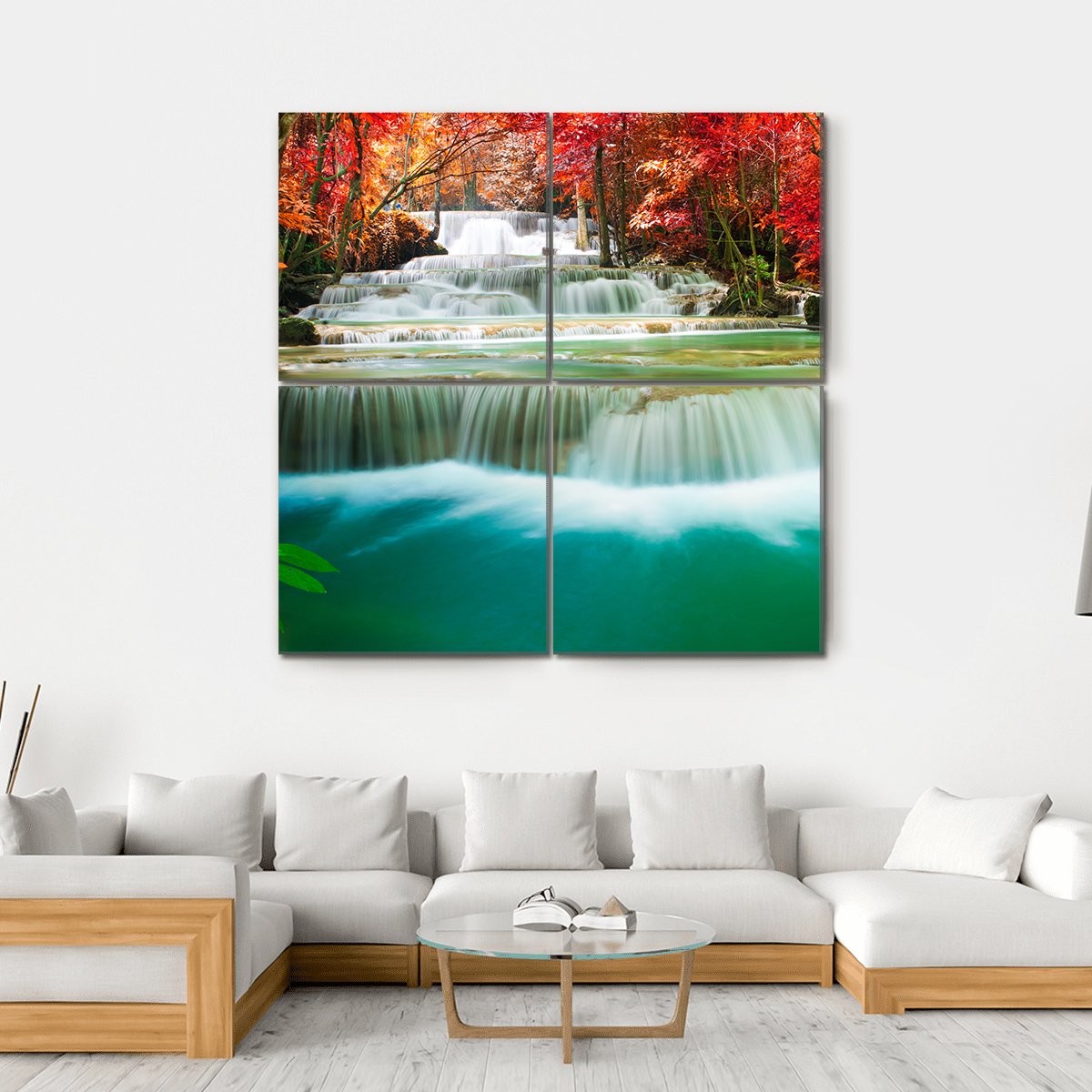 Waterfall In Autumn Tree Forest Canvas Wall Art-4 Square-Gallery Wrap-17" x 17"-Tiaracle