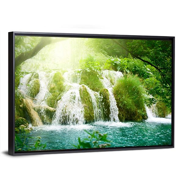 Waterfall In Deep Forest Canvas Wall Art-3 Horizontal-Gallery Wrap-25" x 16"-Tiaracle