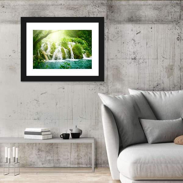Waterfall In Deep Forest Canvas Wall Art-3 Horizontal-Gallery Wrap-25" x 16"-Tiaracle