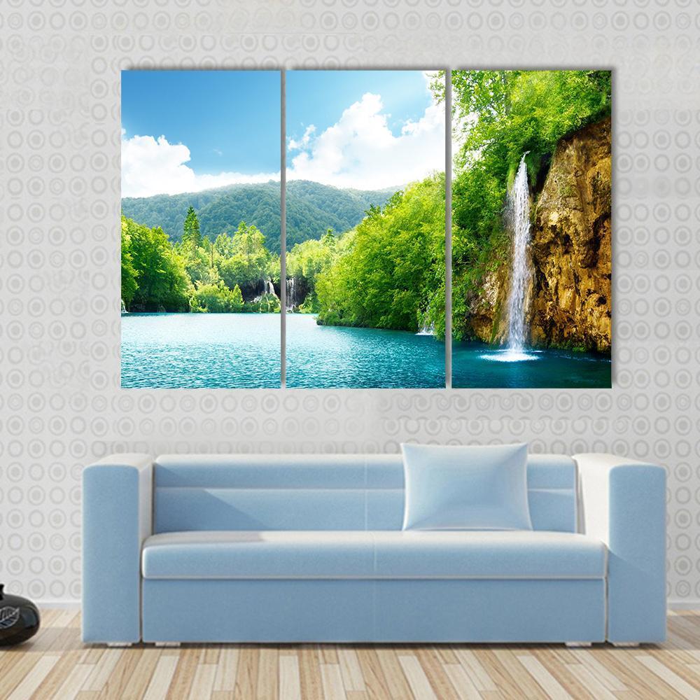 Waterfall In Deep Forest Of Croatia Canvas Wall Art-3 Horizontal-Gallery Wrap-37" x 24"-Tiaracle