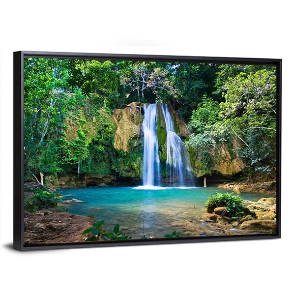 Waterfall In Deep Green Forest Canvas Wall Art-3 Horizontal-Gallery Wrap-25" x 16"-Tiaracle