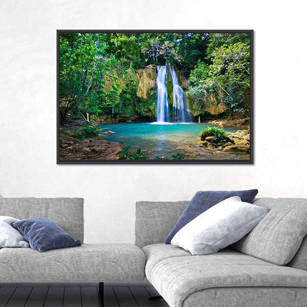 Waterfall In Deep Green Forest Canvas Wall Art-3 Horizontal-Gallery Wrap-25" x 16"-Tiaracle