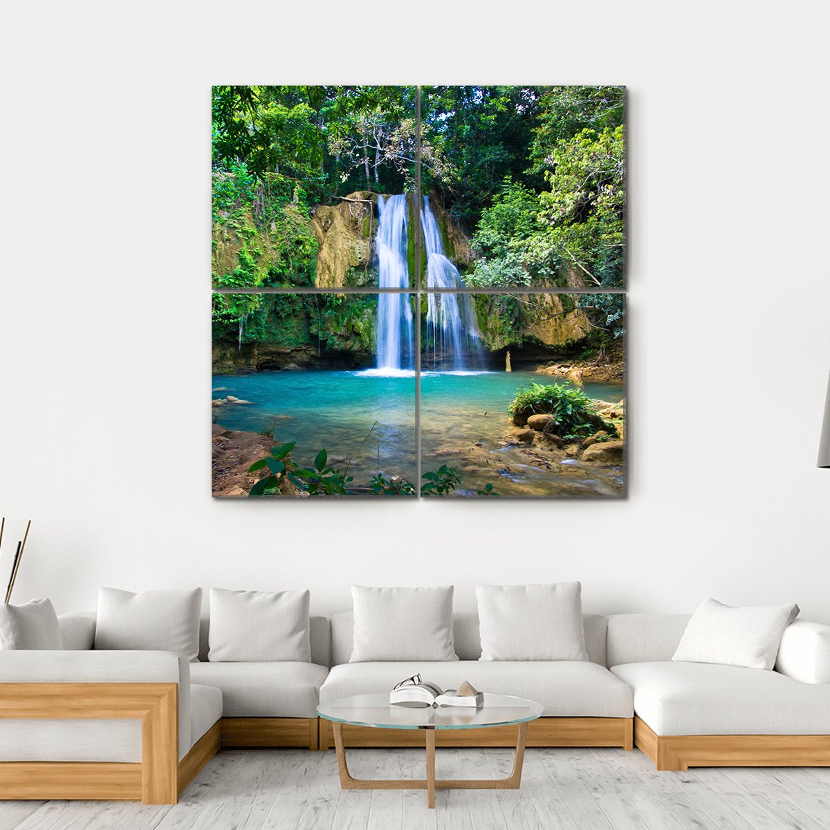 Waterfall In Deep Green Forest Canvas Wall Art-4 Square-Gallery Wrap-17" x 17"-Tiaracle