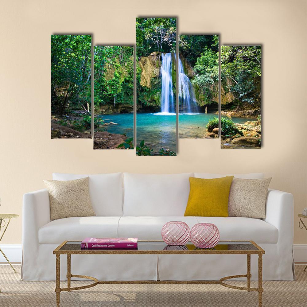 Waterfall In Deep Green Forest Canvas Wall Art-5 Pop-Gallery Wrap-47" x 32"-Tiaracle
