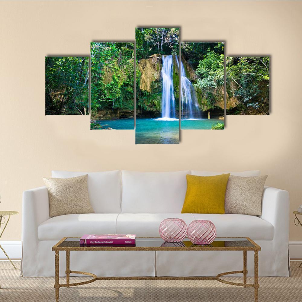 Waterfall In Deep Green Forest Canvas Wall Art-5 Star-Gallery Wrap-62" x 32"-Tiaracle