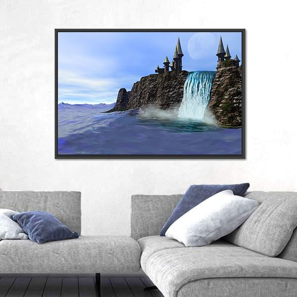 Waterfall In Fantasy Castle Canvas Wall Art-3 Horizontal-Gallery Wrap-25" x 16"-Tiaracle