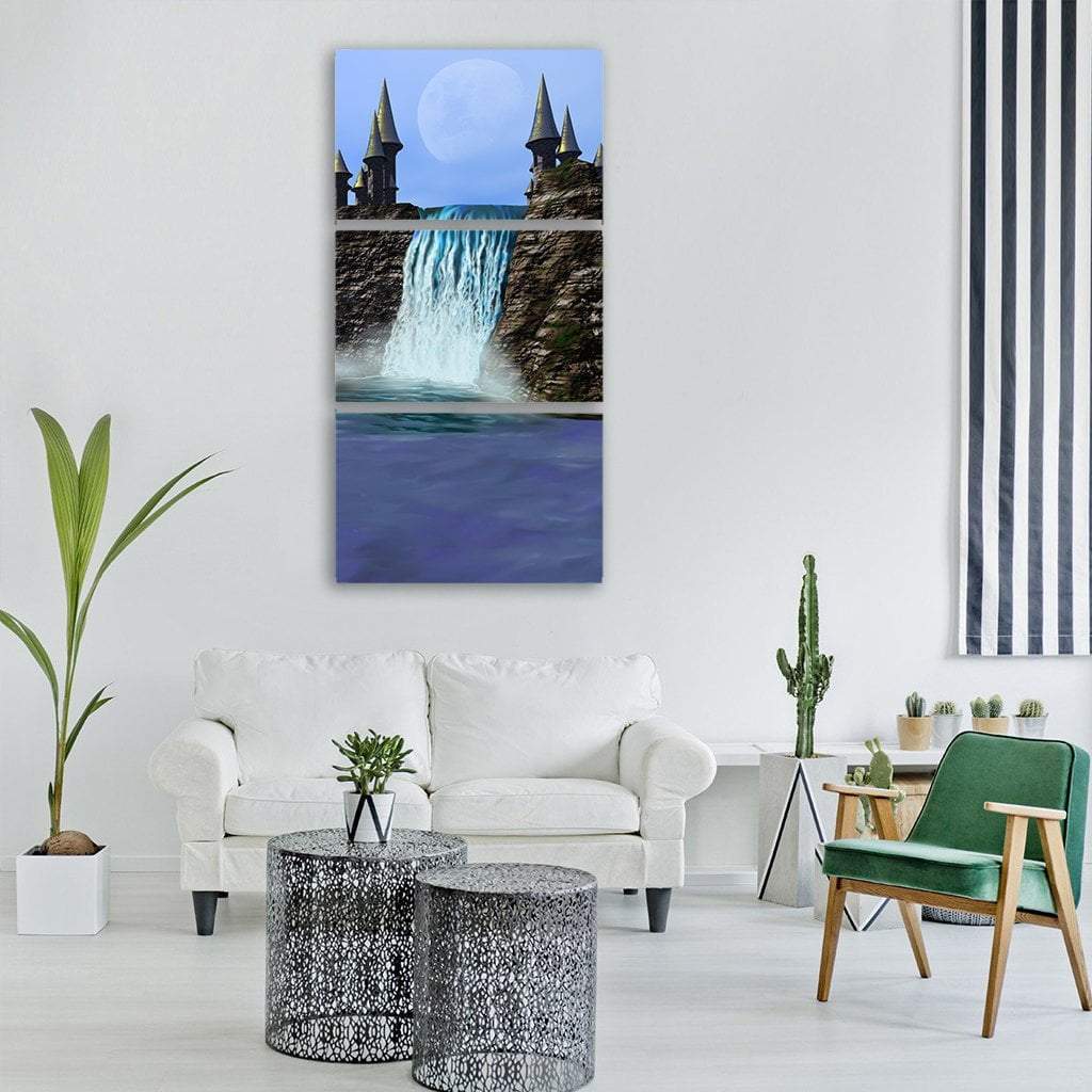 Waterfall In Fantasy Castle Vertical Canvas Wall Art-3 Vertical-Gallery Wrap-12" x 25"-Tiaracle