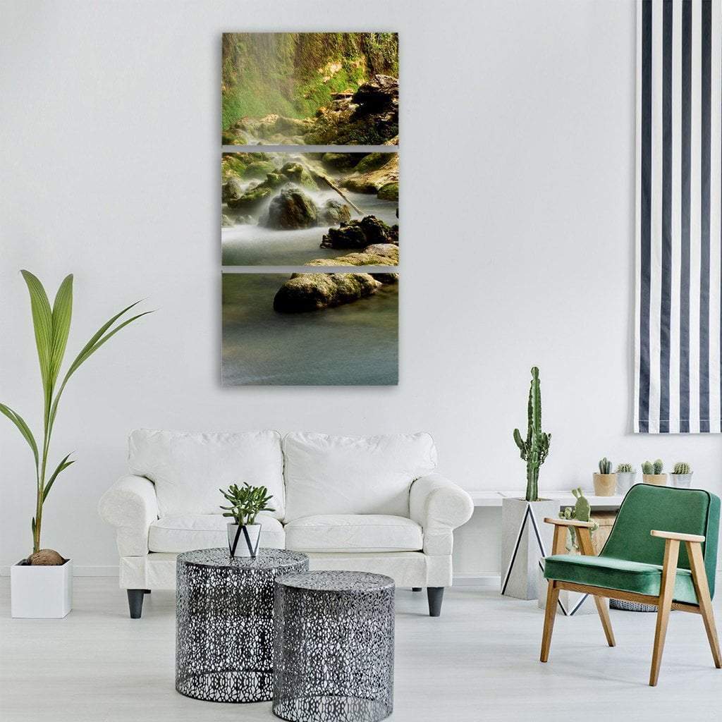 Waterfall In Green Forest Vertical Canvas Wall Art-3 Vertical-Gallery Wrap-12" x 25"-Tiaracle
