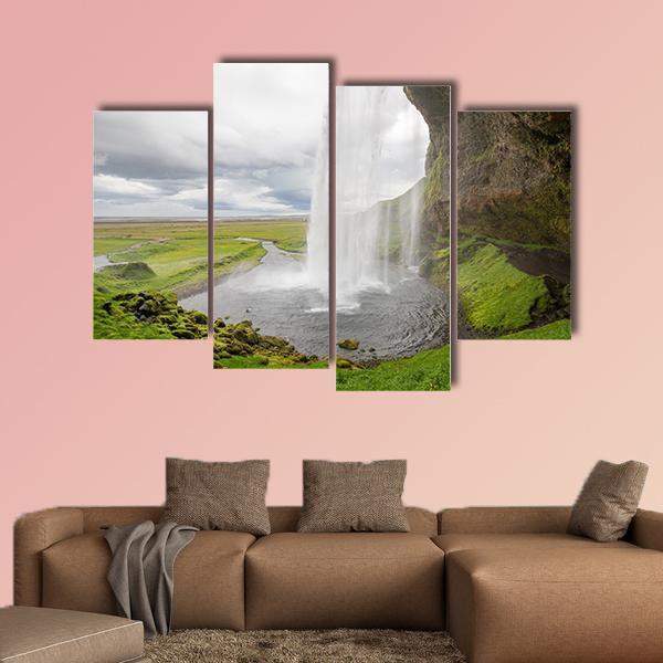 Waterfall In Iceland Between Mountains From River Spring Canvas Wall Art-4 Pop-Gallery Wrap-50" x 32"-Tiaracle