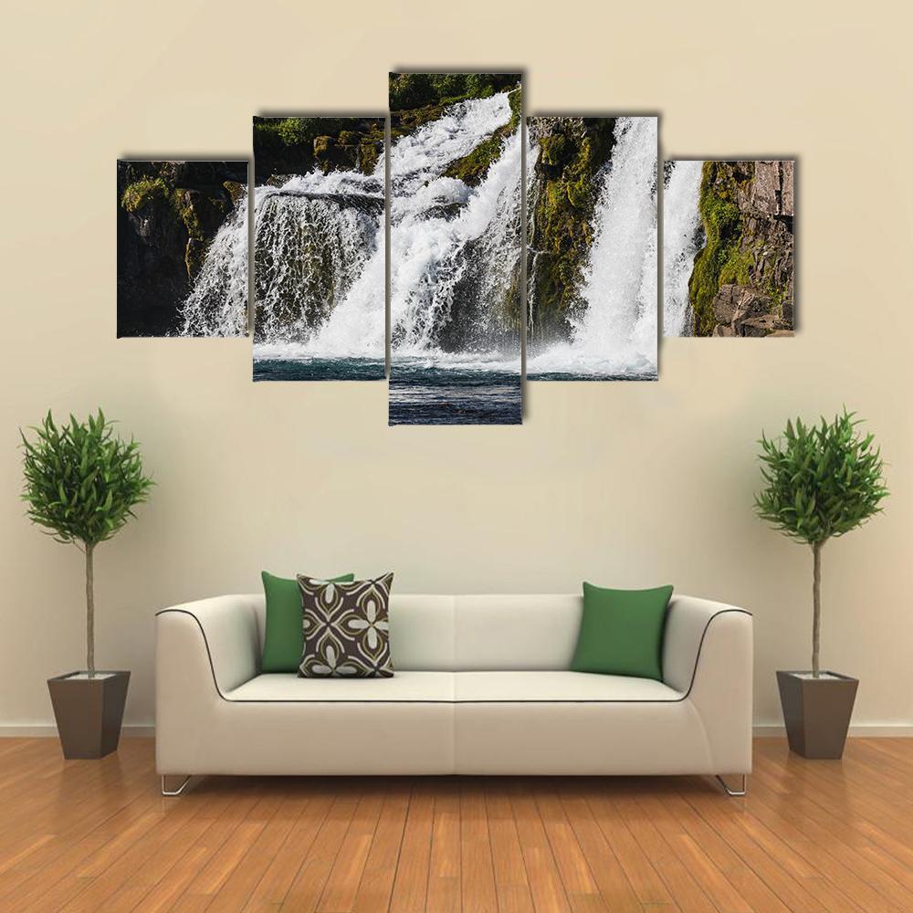Waterfall In Iceland Canvas Wall Art-5 Star-Gallery Wrap-62" x 32"-Tiaracle