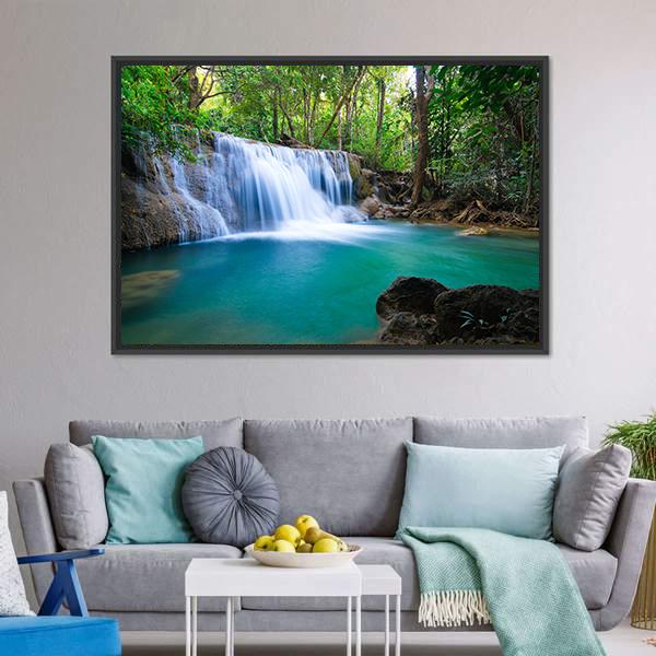 Waterfall In Kanchanaburi Canvas Wall Art-3 Horizontal-Gallery Wrap-25" x 16"-Tiaracle
