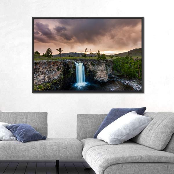 Waterfall In Mongolia Vertical Canvas Wall Art-3 Vertical-Gallery Wrap-12" x 25"-Tiaracle