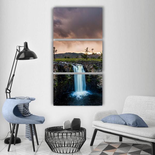 Waterfall In Mongolia Vertical Canvas Wall Art-3 Vertical-Gallery Wrap-12" x 25"-Tiaracle