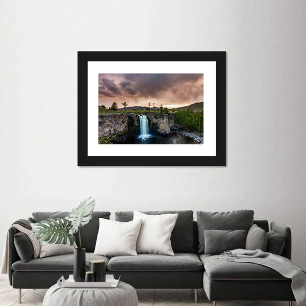 Waterfall In Mongolia Vertical Canvas Wall Art-3 Vertical-Gallery Wrap-12" x 25"-Tiaracle