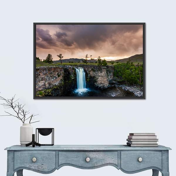Waterfall In Mongolia Vertical Canvas Wall Art-3 Vertical-Gallery Wrap-12" x 25"-Tiaracle