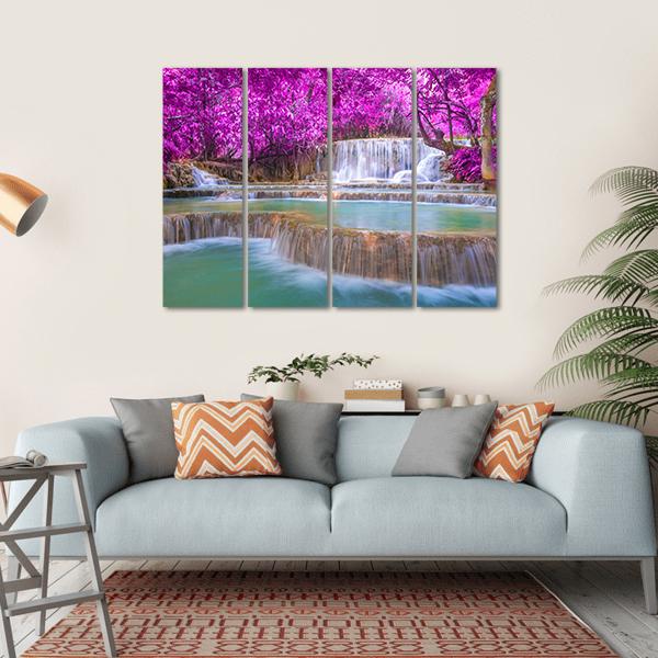 Waterfall In Rain Forest Canvas Wall Art-4 Horizontal-Gallery Wrap-34" x 24"-Tiaracle