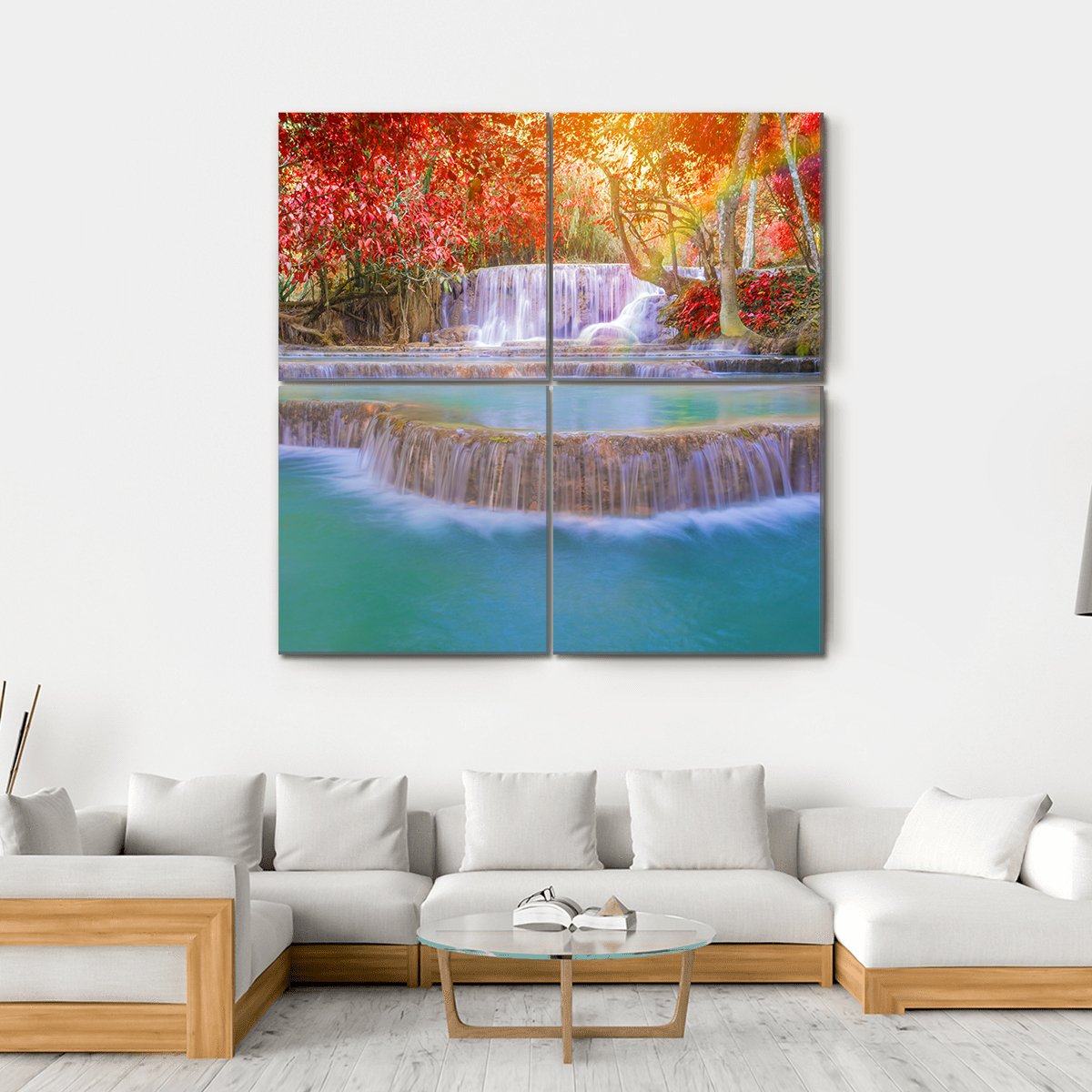 Waterfall In Rain Forest Canvas Wall Art-4 Square-Gallery Wrap-17" x 17"-Tiaracle