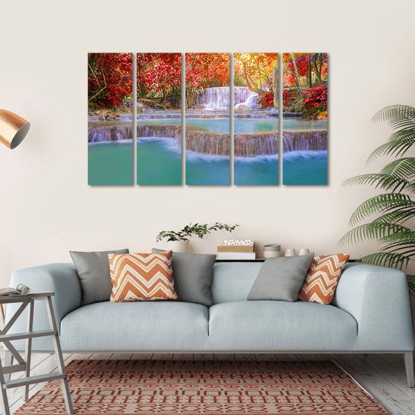 Waterfall In Rain Forest Canvas Wall Art-5 Horizontal-Gallery Wrap-22" x 12"-Tiaracle