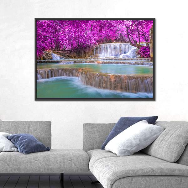 Waterfall In Rain Forest Canvas Wall Art-5 Horizontal-Gallery Wrap-22" x 12"-Tiaracle