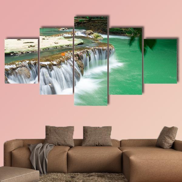 Waterfall In Rain Jungle Forest Canvas Wall Art-5 Star-Gallery Wrap-62" x 32"-Tiaracle