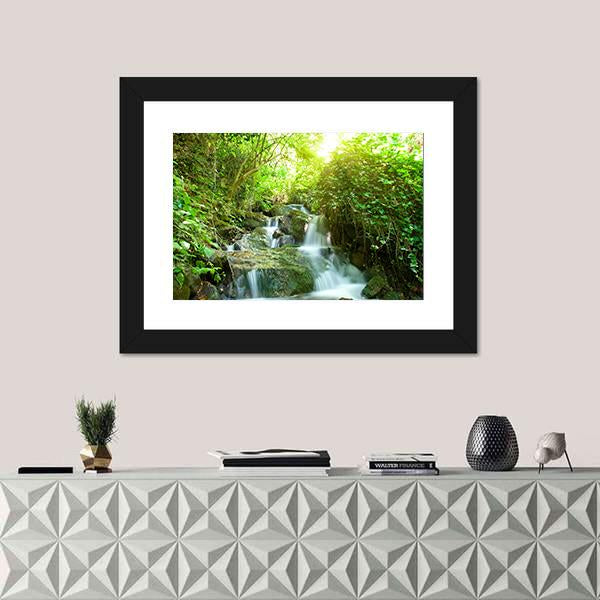 Waterfall In Small Forest Canvas Wall Art-1 Piece-Framed Print-20" x 16"-Tiaracle