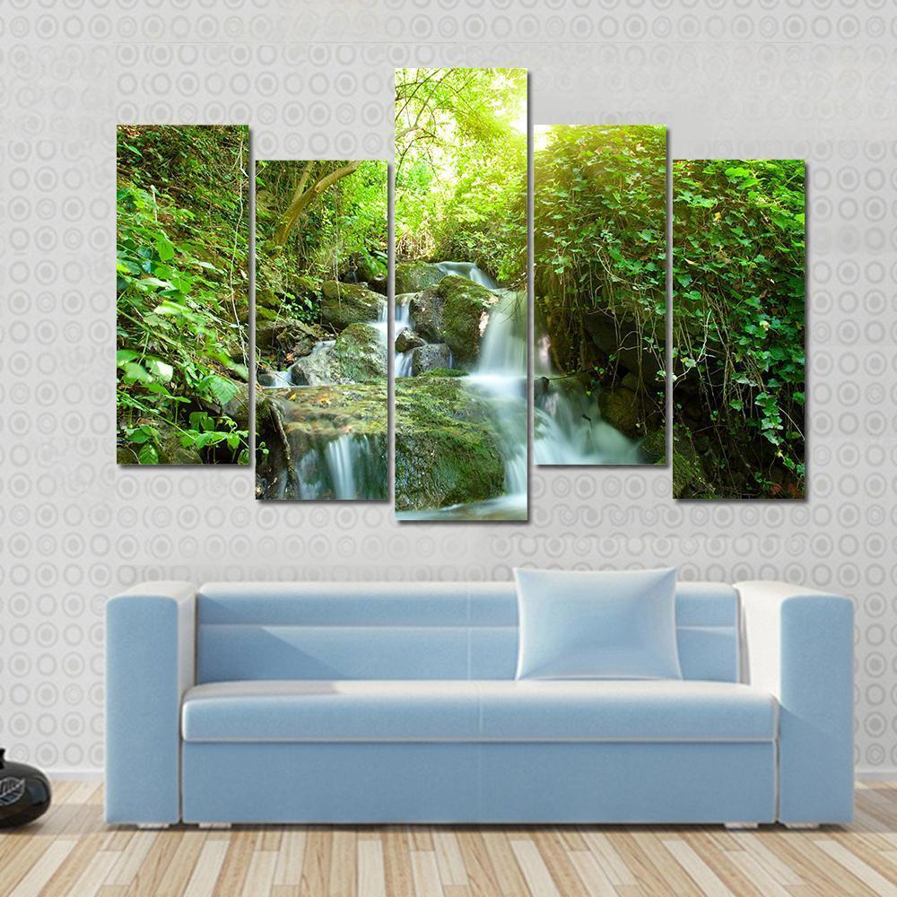 Waterfall In Small Forest Canvas Wall Art-5 Pop-Gallery Wrap-47" x 32"-Tiaracle