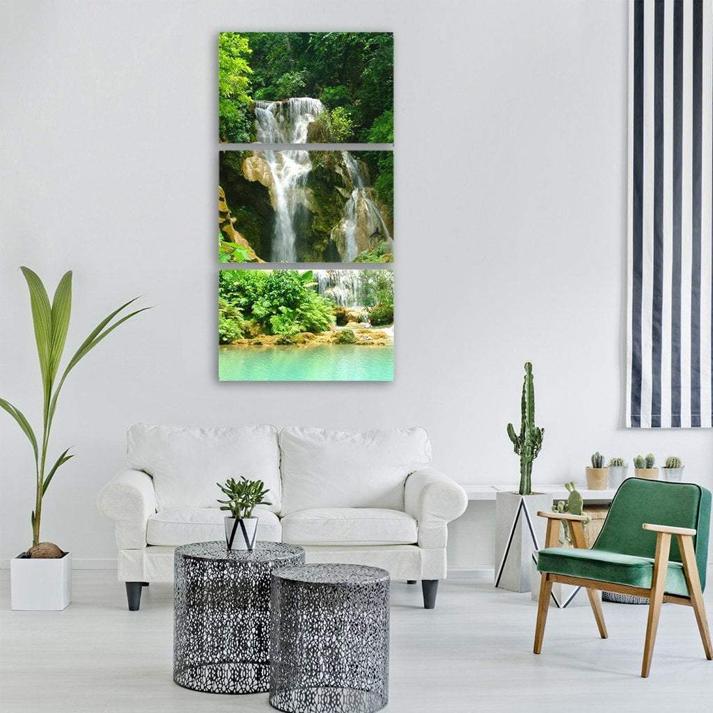 Waterfall In Summer Forest Vertical Canvas Wall Art-3 Vertical-Gallery Wrap-12" x 25"-Tiaracle