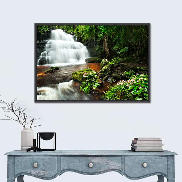 Waterfall In Thai National Park Canvas Wall Art-1 Piece-Floating Frame-36" x 24"-Tiaracle