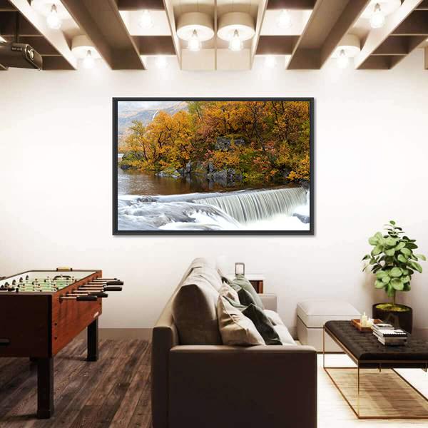Waterfall In The Autumn Woods Canvas Wall Art-5 Horizontal-Gallery Wrap-22" x 12"-Tiaracle