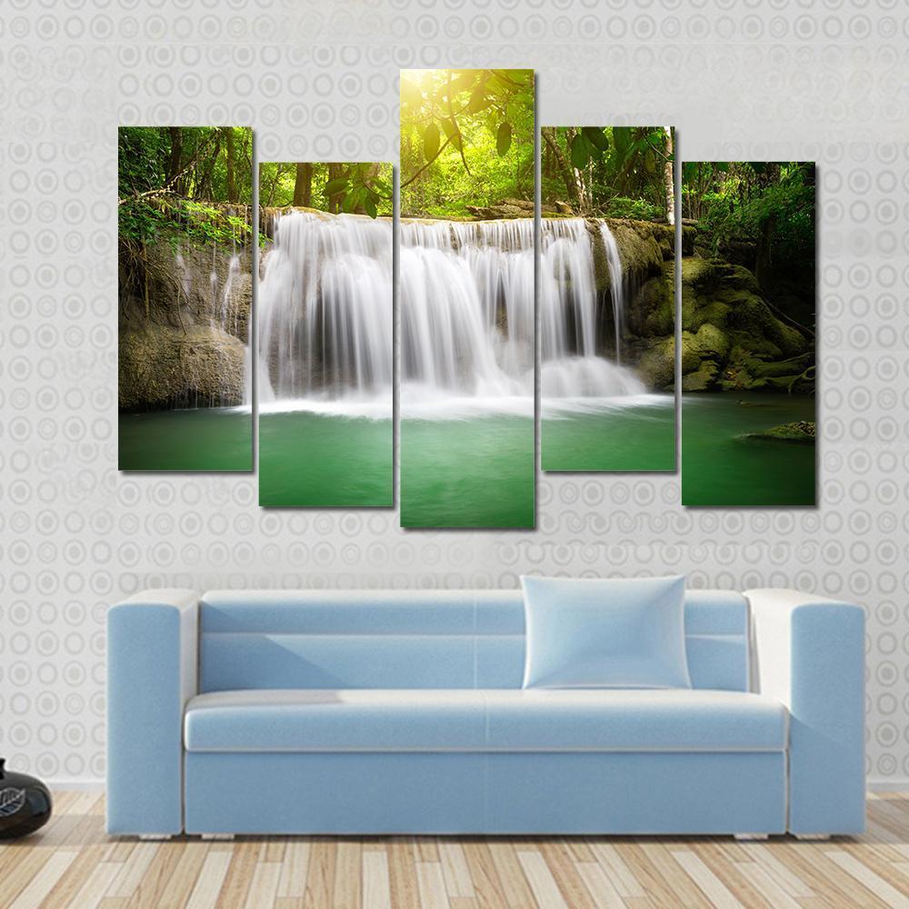 Waterfall In The Green Forest Canvas Wall Art-5 Pop-Gallery Wrap-47" x 32"-Tiaracle