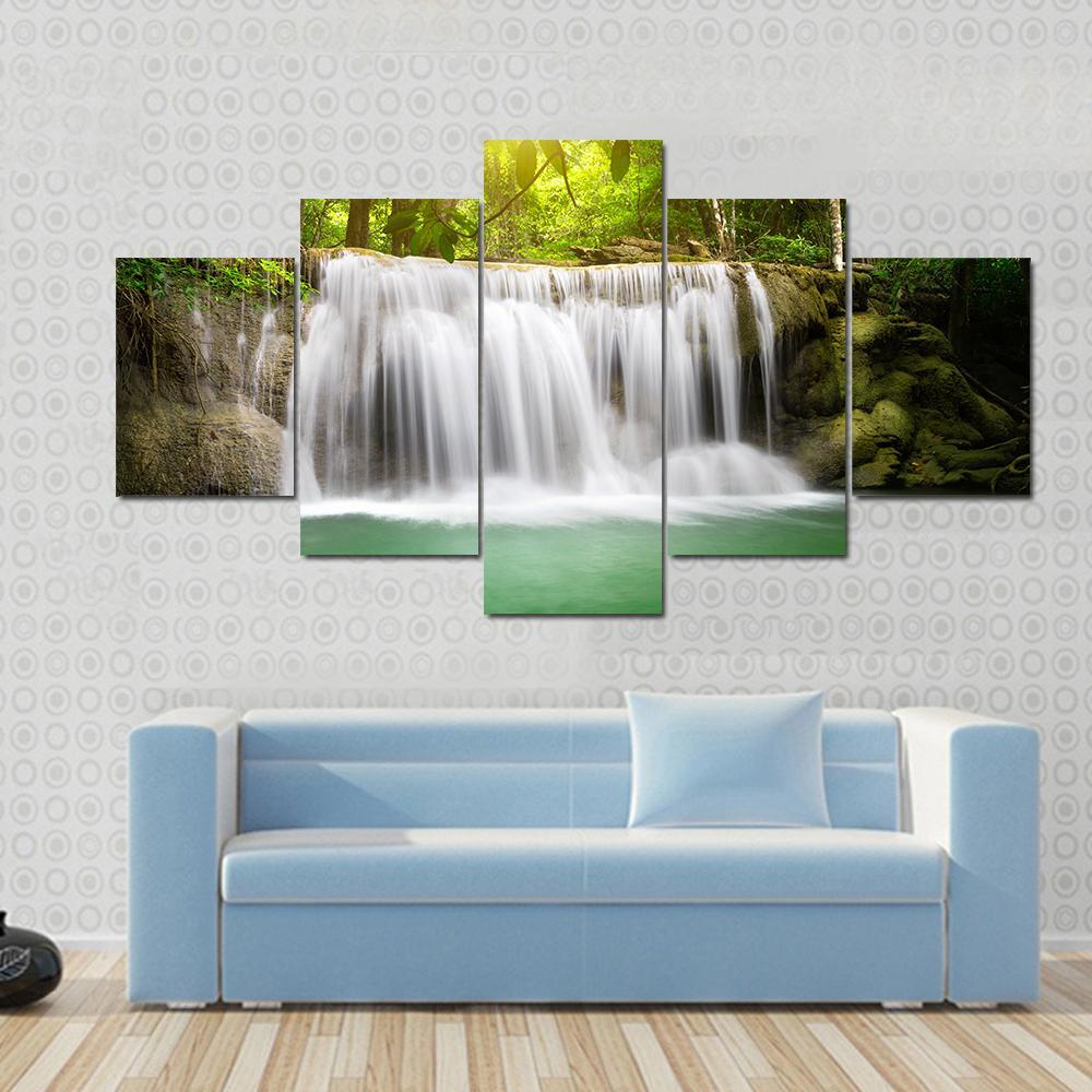 Waterfall In The Green Forest Canvas Wall Art-5 Star-Gallery Wrap-62" x 32"-Tiaracle